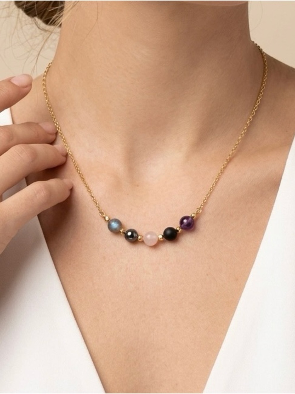 Empath Protection necklace gold chain natural gemstones Labradorite, Rose Quartz